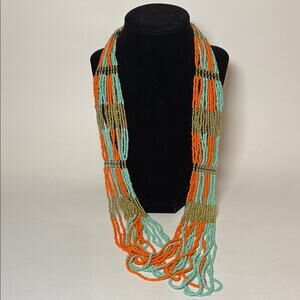Multicolor Orange, Teal and Gold Tone Seed Beaded Necklace 30” with ext